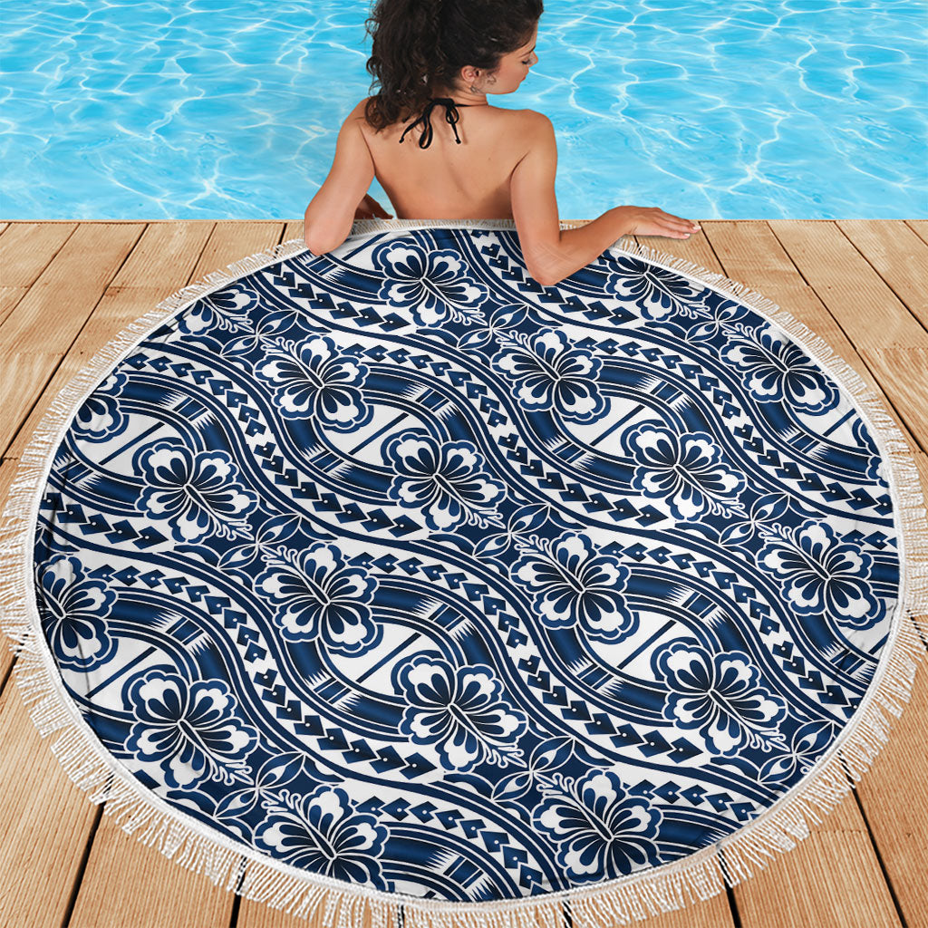 Hibiscus Bloom Island Tribal Waves Beach Blanket Blue Polynesian Pattern LT01 - Polynesian Pride