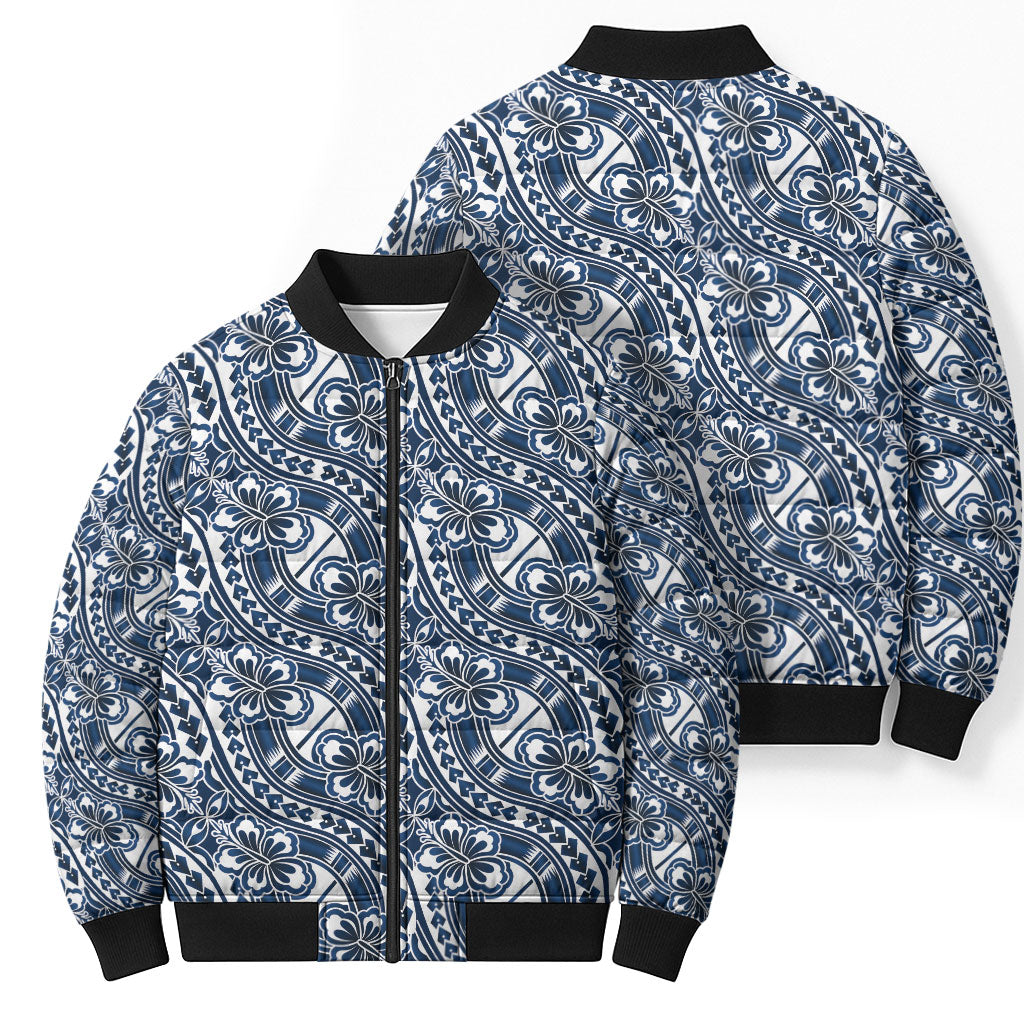 Hibiscus Bloom Island Tribal Waves Bomber Puffer Jacket Blue Polynesian Pattern LT01 - Polynesian Pride