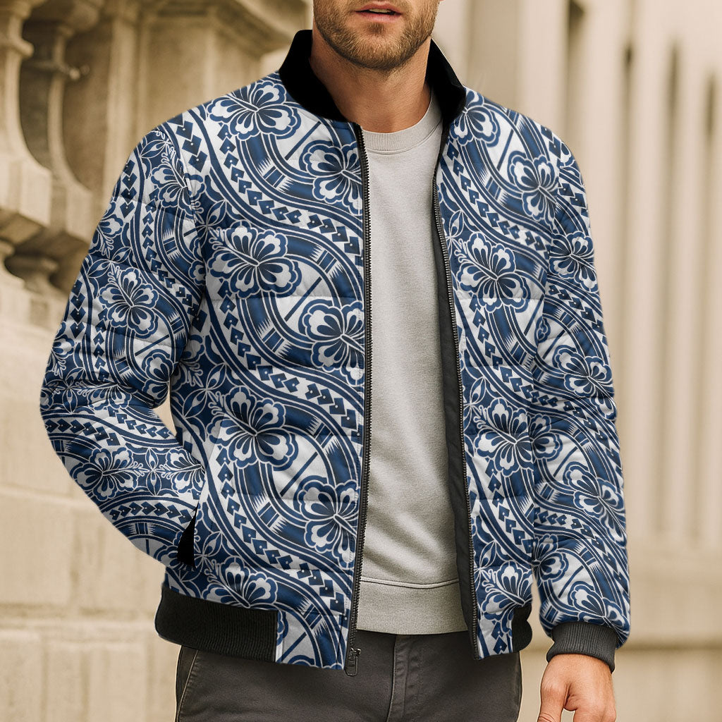 Hibiscus Bloom Island Tribal Waves Bomber Puffer Jacket Blue Polynesian Pattern LT01 - Polynesian Pride