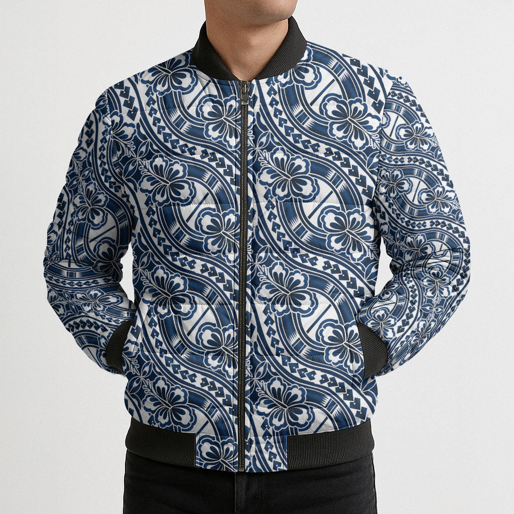 Hibiscus Bloom Island Tribal Waves Bomber Puffer Jacket Blue Polynesian Pattern LT01 - Polynesian Pride