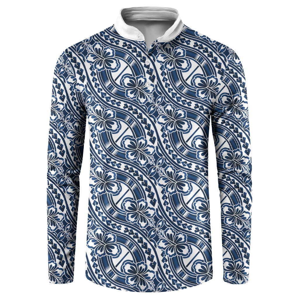 Hibiscus Bloom Island Tribal Waves Button Sweatshirt Blue Polynesian Pattern