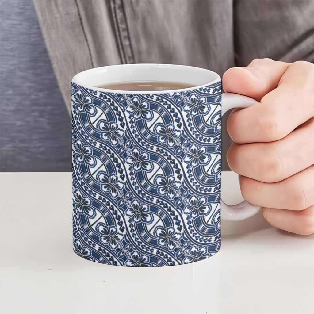 Hibiscus Bloom Island Tribal Waves Ceramic Mug Blue Polynesian Pattern LT01 - Polynesian Pride