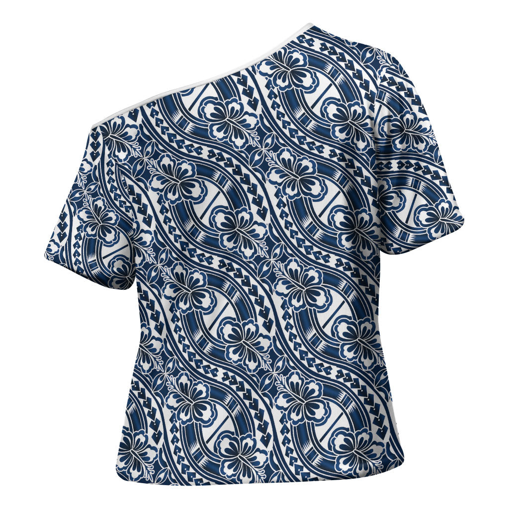Hibiscus Bloom Island Tribal Waves Cross Shoulder Shirt Blue Polynesian Pattern LT01 - Polynesian Pride