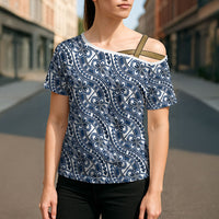 Hibiscus Bloom Island Tribal Waves Cross Shoulder Shirt Blue Polynesian Pattern LT01 - Polynesian Pride