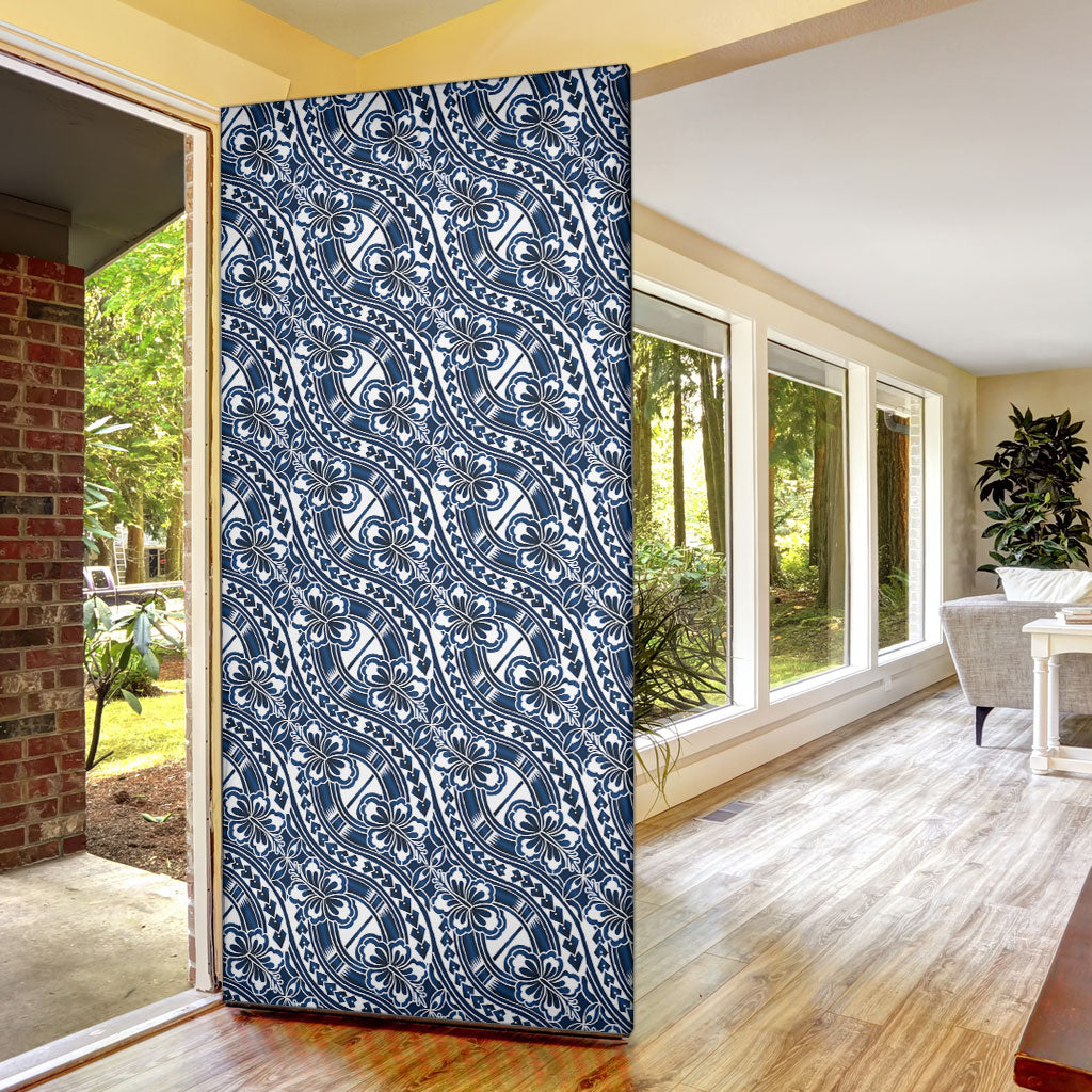 Hibiscus Bloom Island Tribal Waves Door Cover Blue Polynesian Pattern LT01 - Polynesian Pride