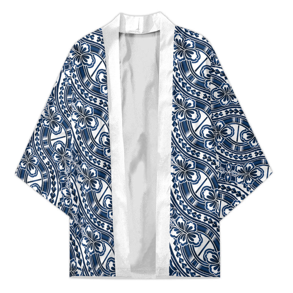 Hibiscus Bloom Island Tribal Waves Kimono Blue Polynesian Pattern