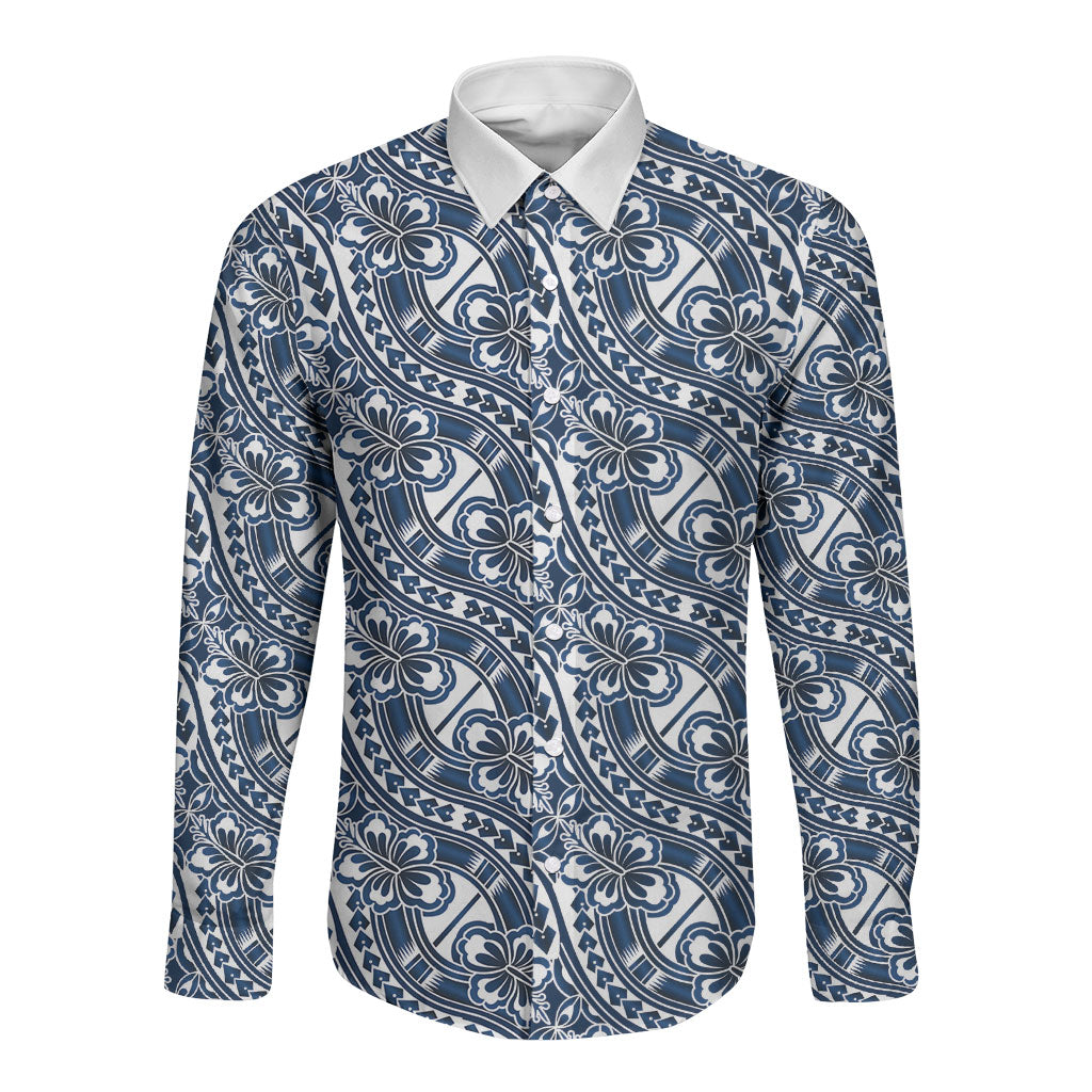 Hibiscus Bloom Island Tribal Waves Long Sleeve Button Shirt Blue Polynesian Pattern