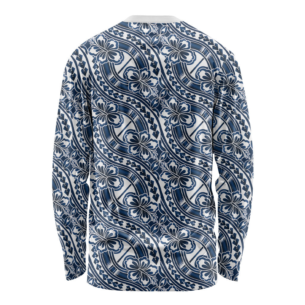 Hibiscus Bloom Island Tribal Waves Long Sleeve Shirt Blue Polynesian Pattern LT01 - Polynesian Pride