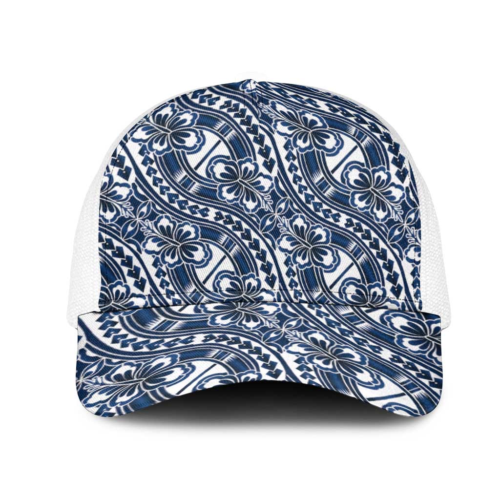 Hibiscus Bloom Island Tribal Waves Mesh Trucker Cap Blue Polynesian Pattern LT01 One Size White Blue - Polynesian Pride