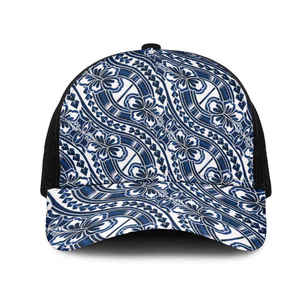 Hibiscus Bloom Island Tribal Waves Mesh Trucker Cap Blue Polynesian Pattern LT01 One Size Black Blue - Polynesian Pride