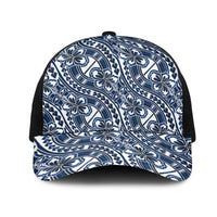 Hibiscus Bloom Island Tribal Waves Mesh Trucker Cap Blue Polynesian Pattern LT01 One Size Black Blue - Polynesian Pride