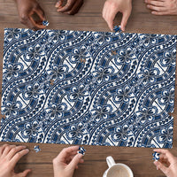 Hibiscus Bloom Island Tribal Waves Puzzle Blue Polynesian Pattern