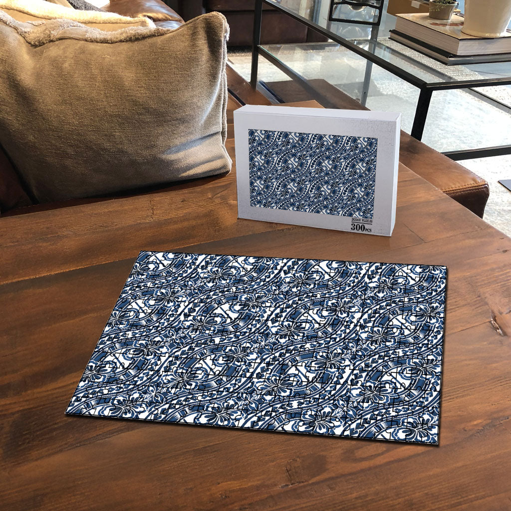 Hibiscus Bloom Island Tribal Waves Puzzle Blue Polynesian Pattern