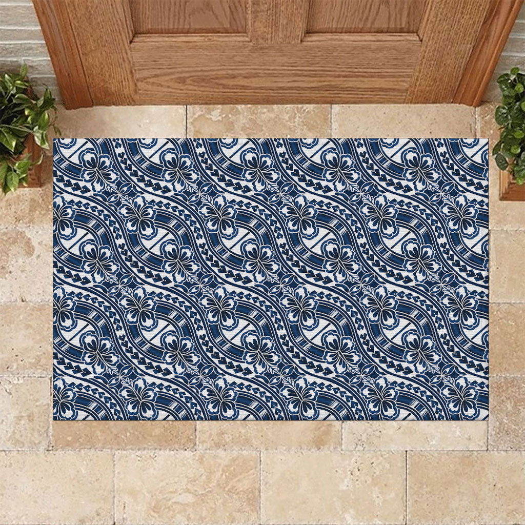 Hibiscus Bloom Island Tribal Waves Rubber Doormat Blue Polynesian Pattern LT01 Blue - Polynesian Pride