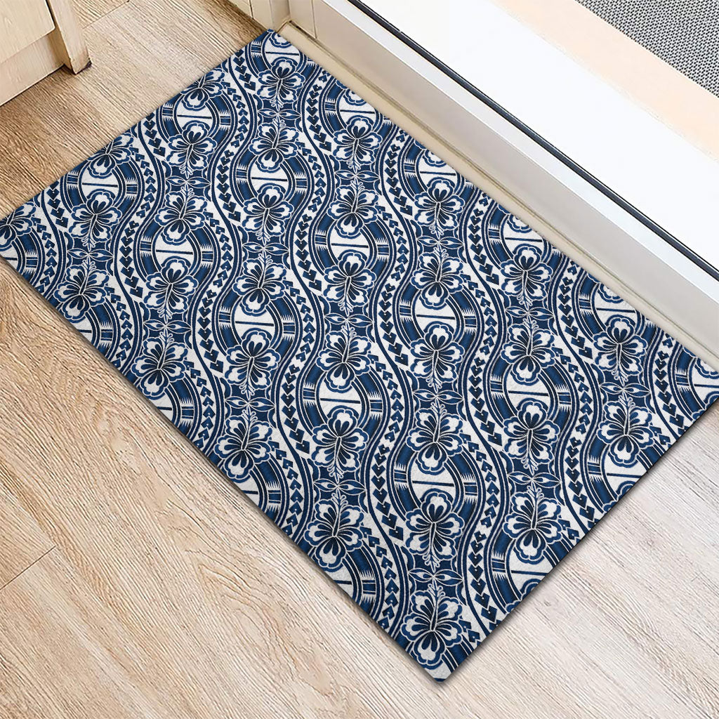 Hibiscus Bloom Island Tribal Waves Rubber Doormat Blue Polynesian Pattern LT01 - Polynesian Pride
