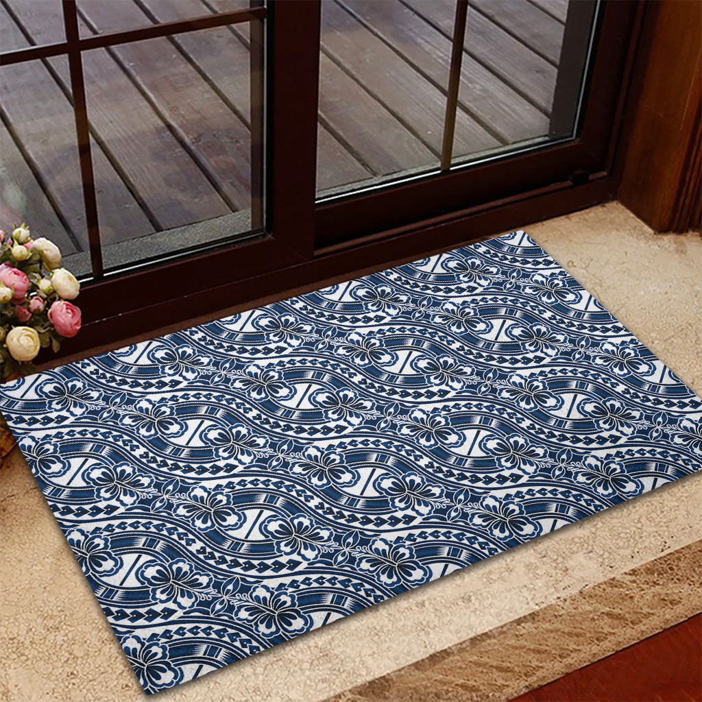Hibiscus Bloom Island Tribal Waves Rubber Doormat Blue Polynesian Pattern LT01 - Polynesian Pride
