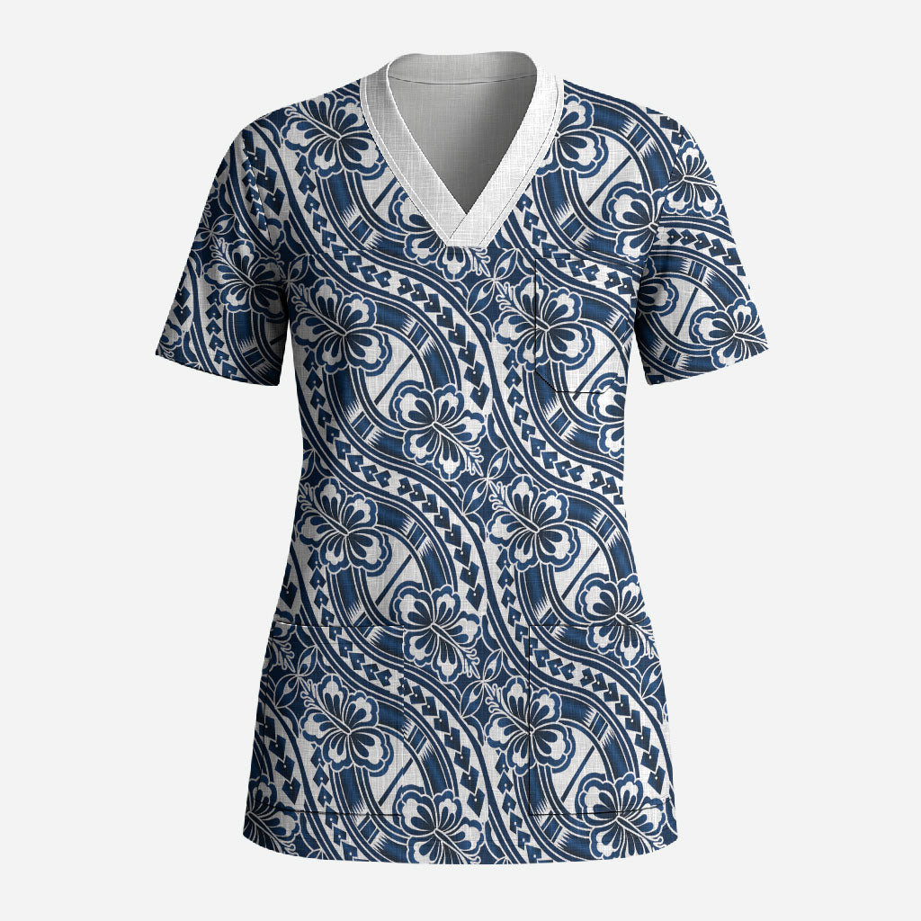 Hibiscus Bloom Island Tribal Waves Scrub Top Blue Polynesian Pattern