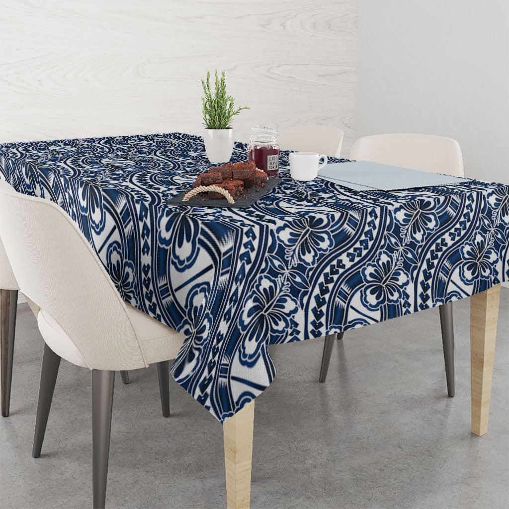 Hibiscus Bloom Island Tribal Waves Tablecloth Blue Polynesian Pattern