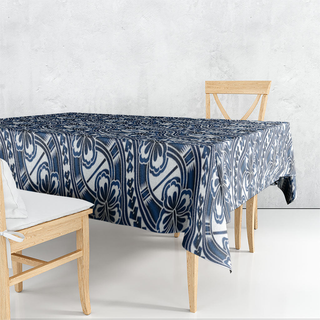 Hibiscus Bloom Island Tribal Waves Tablecloth Blue Polynesian Pattern