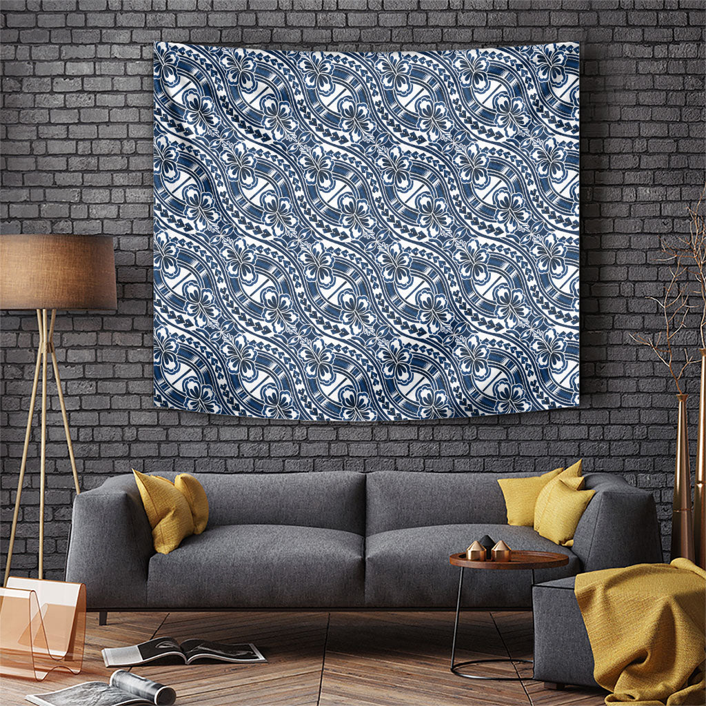 Hibiscus Bloom Island Tribal Waves Tapestry Blue Polynesian Pattern