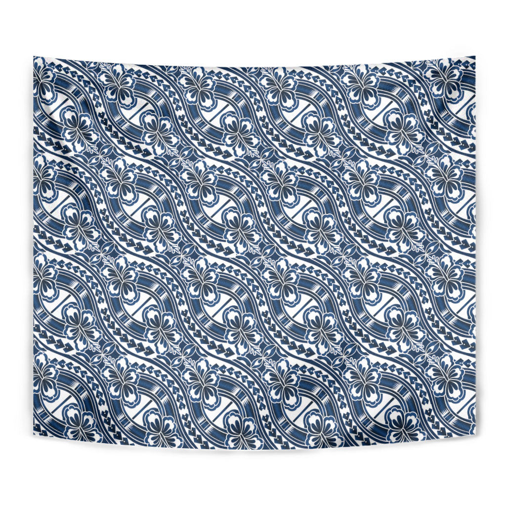 Hibiscus Bloom Island Tribal Waves Tapestry Blue Polynesian Pattern LT01 - Polynesian Pride