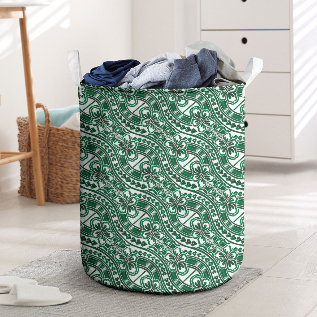 Hibiscus Bloom Island Tribal Waves Laundry Basket Green Polynesian Pattern