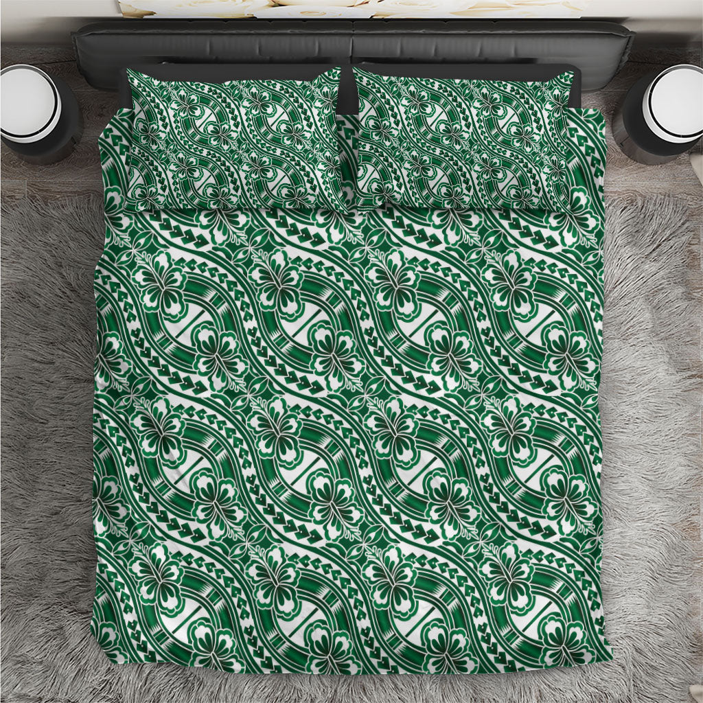 Hibiscus Bloom Island Tribal Waves Bedding Set Green Polynesian Pattern