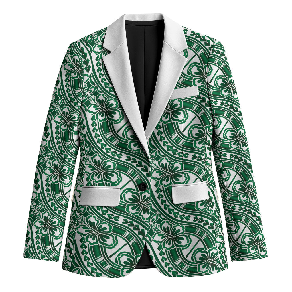 Hibiscus Bloom Island Tribal Waves Blazer Green Polynesian Pattern