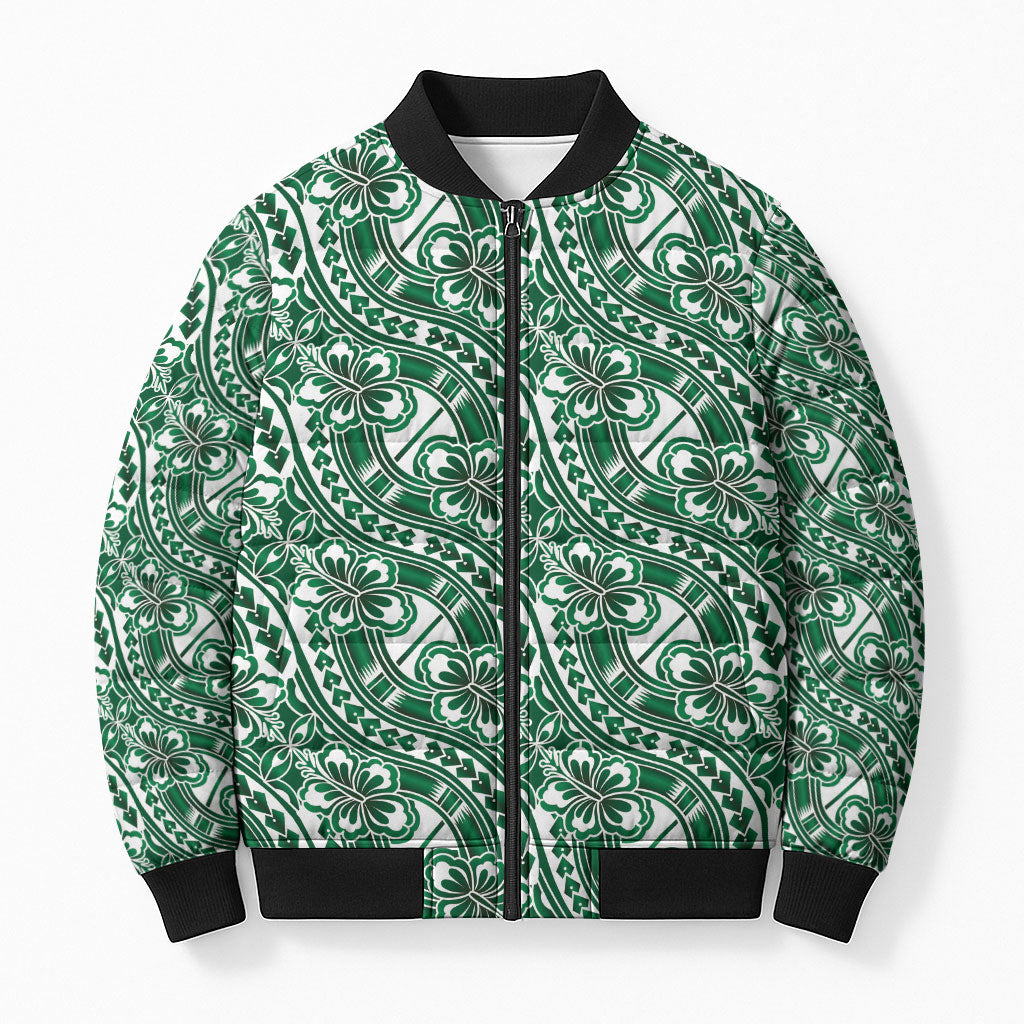 Hibiscus Bloom Island Tribal Waves Bomber Puffer Jacket Green Polynesian Pattern