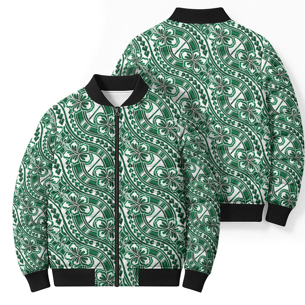 Hibiscus Bloom Island Tribal Waves Bomber Puffer Jacket Green Polynesian Pattern LT01 - Polynesian Pride