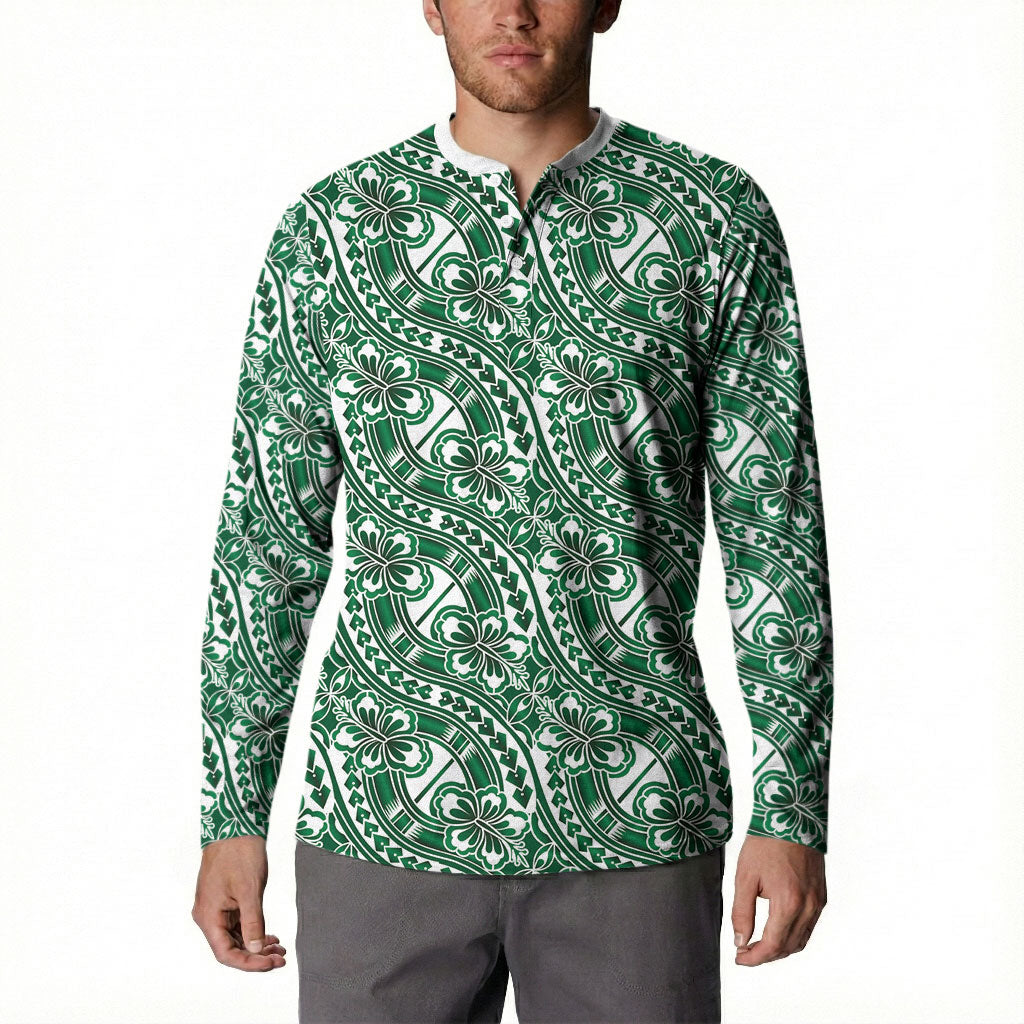 Hibiscus Bloom Island Tribal Waves Button Sweatshirt Green Polynesian Pattern LT01 - Polynesian Pride