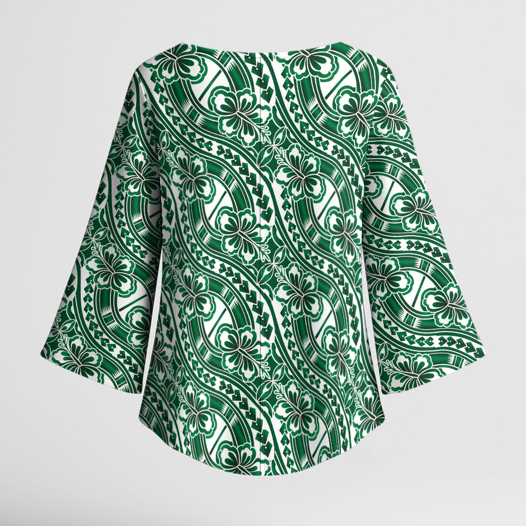 Hibiscus Bloom Island Tribal Waves Kimono Sleeve Blouse Green Polynesian Pattern LT01 - Polynesian Pride