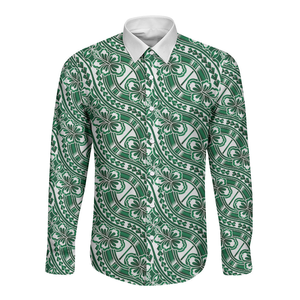 Hibiscus Bloom Island Tribal Waves Long Sleeve Button Shirt Green Polynesian Pattern
