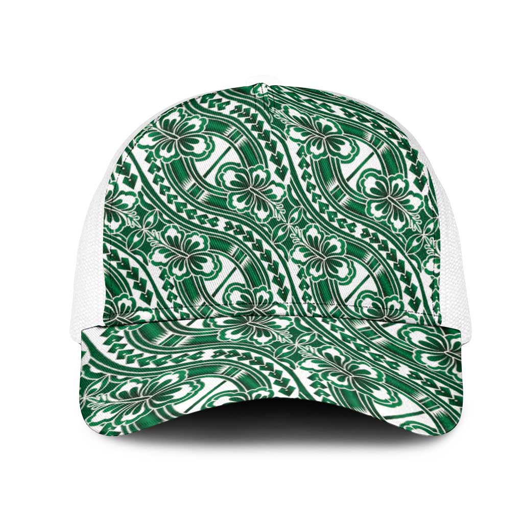 Hibiscus Bloom Island Tribal Waves Mesh Trucker Cap Green Polynesian Pattern