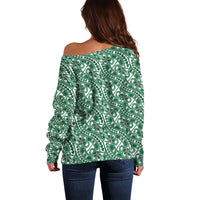 Hibiscus Bloom Island Tribal Waves Off Shoulder Sweater Green Polynesian Pattern LT01 - Polynesian Pride