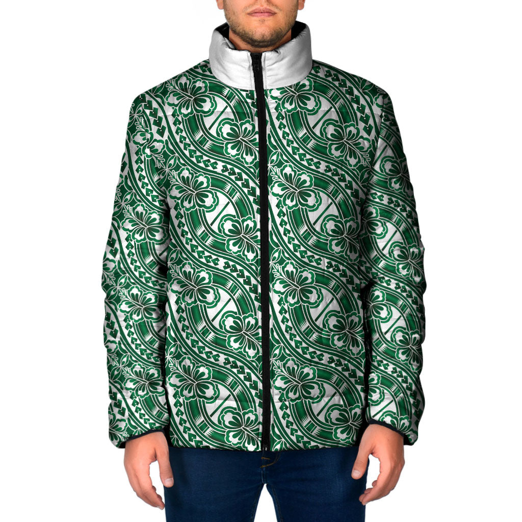 Hibiscus Bloom Island Tribal Waves Padded Jacket Green Polynesian Pattern