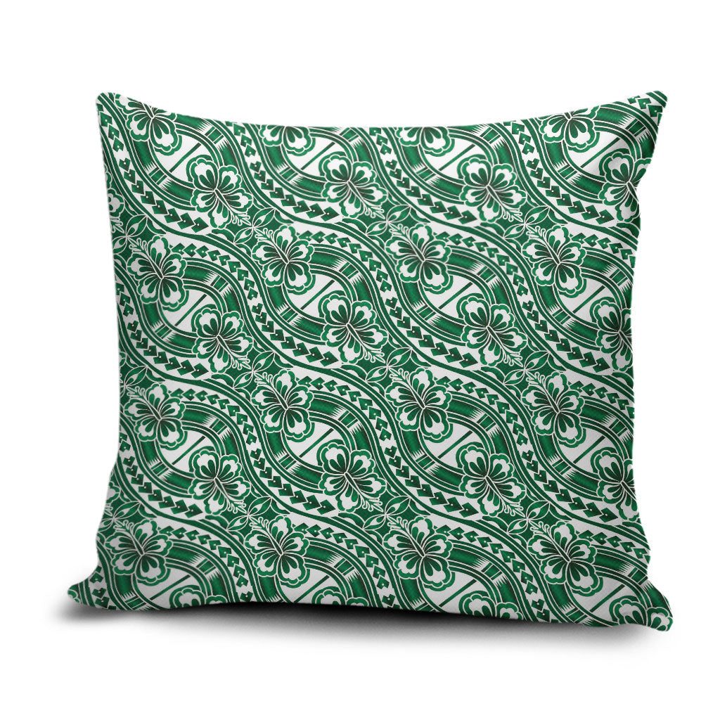 Hibiscus Bloom Island Tribal Waves Pillow Cover Green Polynesian Pattern