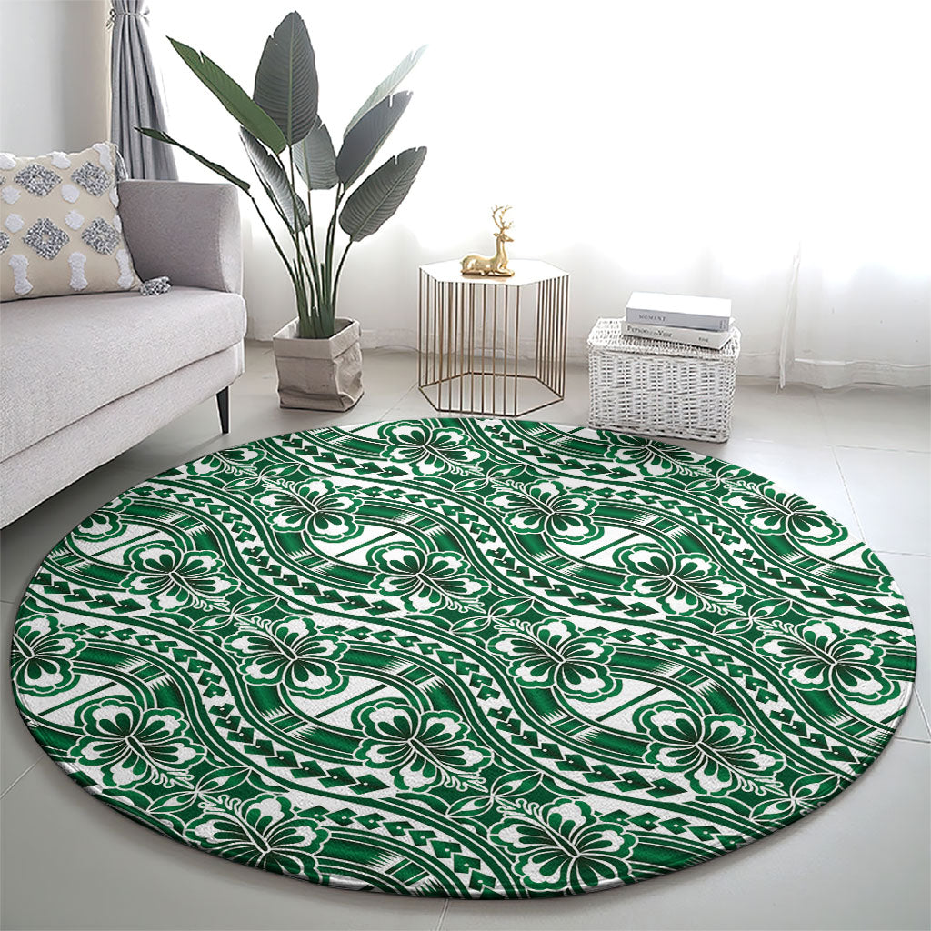 Hibiscus Bloom Island Tribal Waves Round Carpet Green Polynesian Pattern LT01 - Polynesian Pride