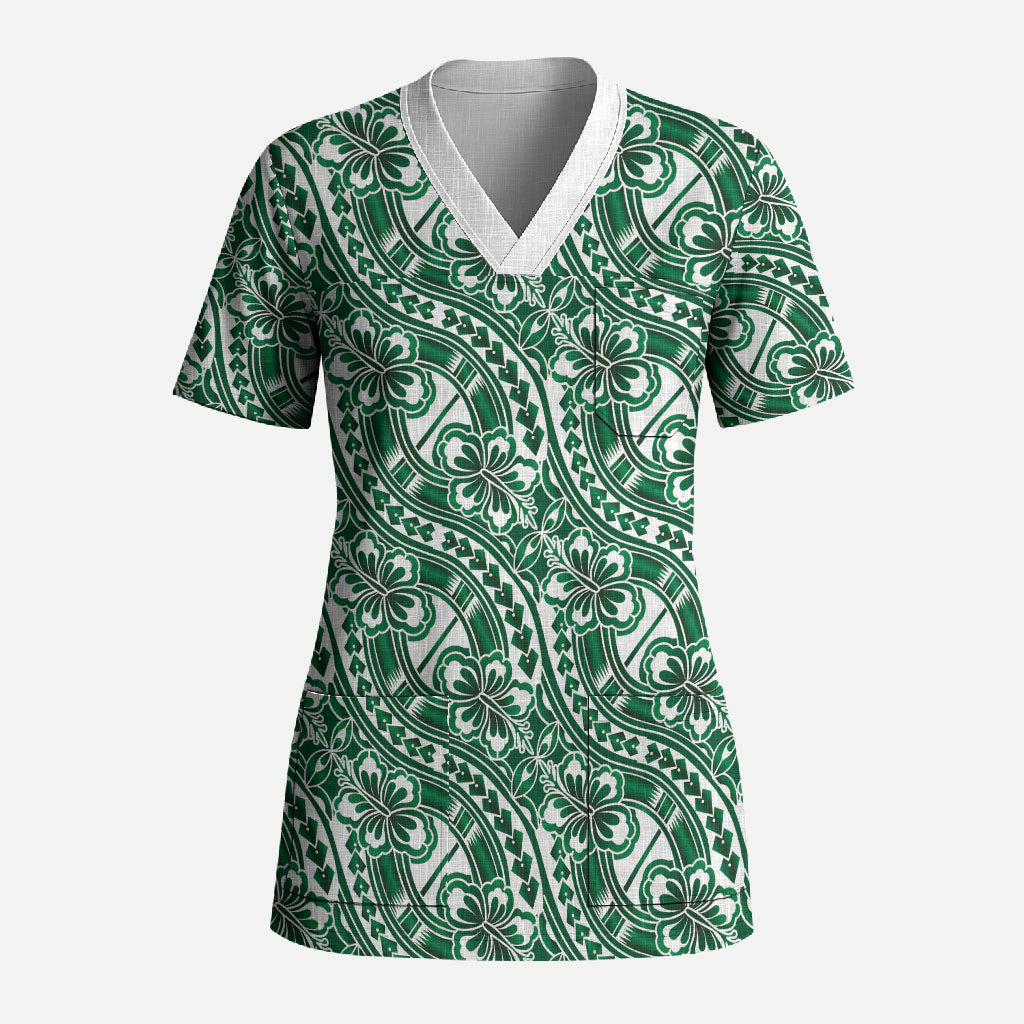 Hibiscus Bloom Island Tribal Waves Scrub Top Green Polynesian Pattern