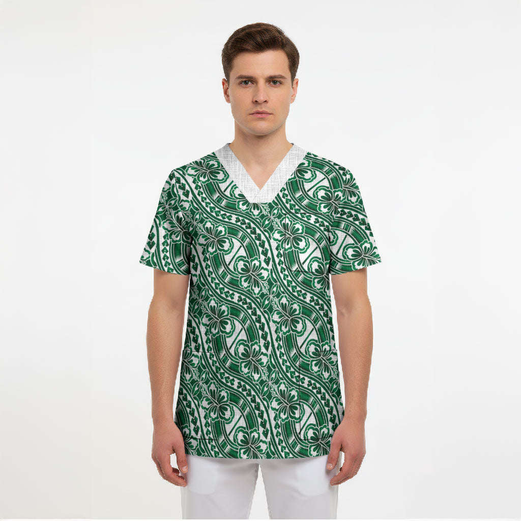 Hibiscus Bloom Island Tribal Waves Scrub Top Green Polynesian Pattern LT01 - Polynesian Pride