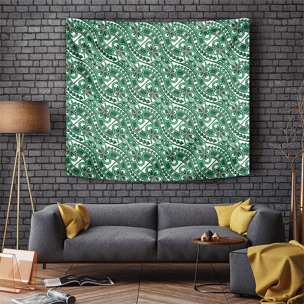 Hibiscus Bloom Island Tribal Waves Tapestry Green Polynesian Pattern