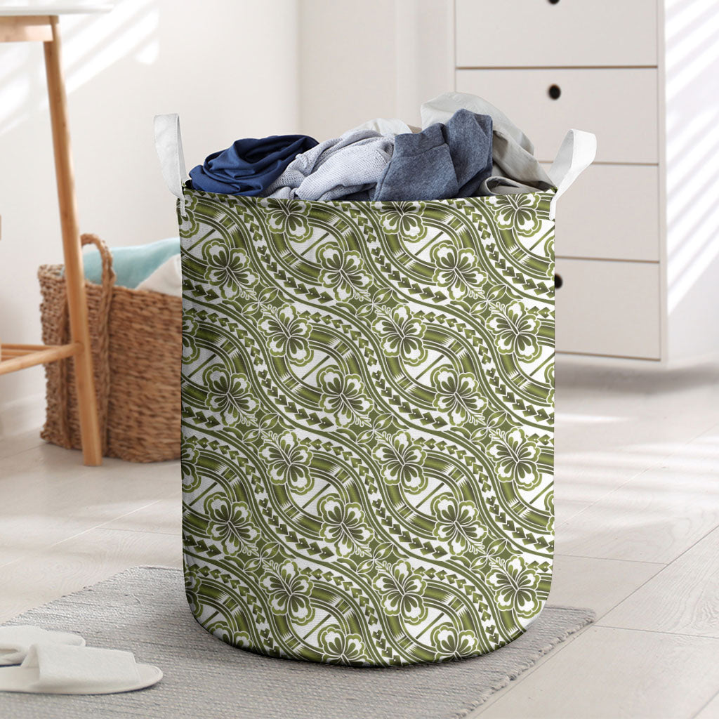 Hibiscus Bloom Island Tribal Waves Laundry Basket Olive Green Polynesian Pattern