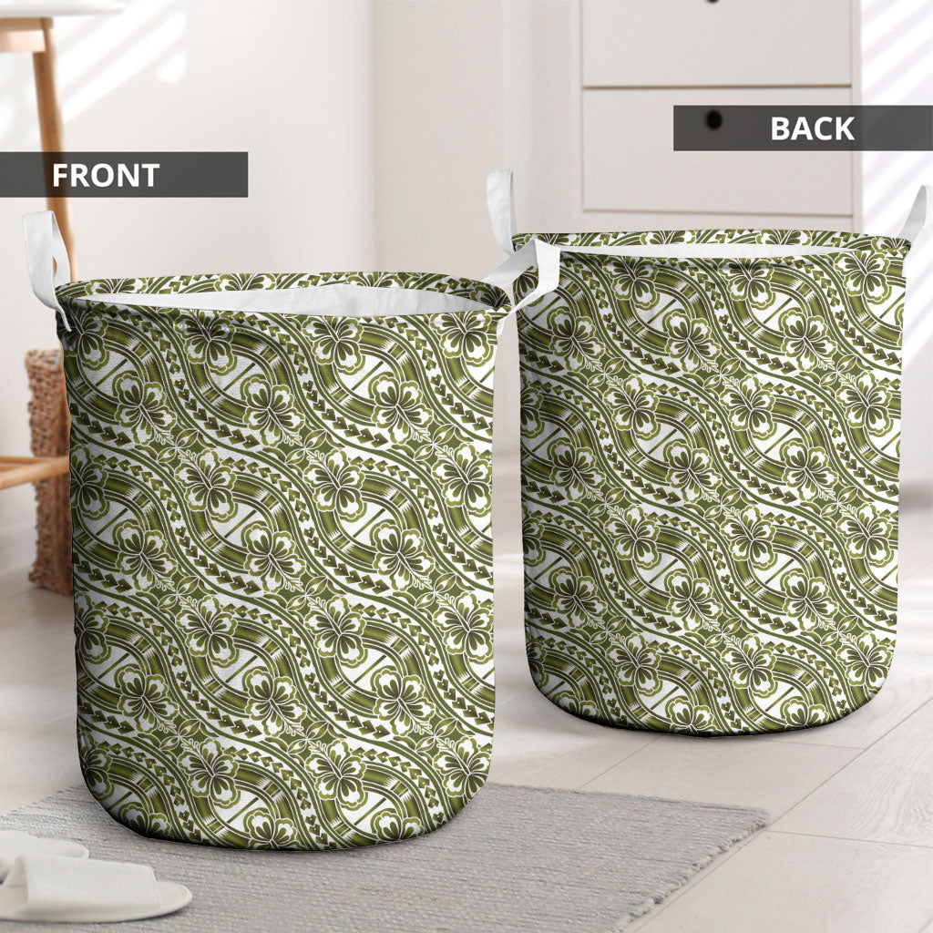 Hibiscus Bloom Island Tribal Waves Laundry Basket Olive Green Polynesian Pattern LT01 - Polynesian Pride