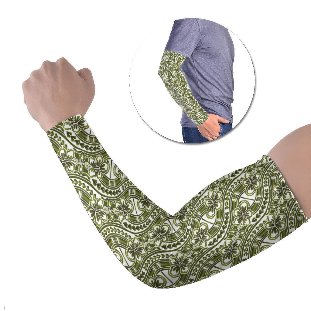 Hibiscus Bloom Island Tribal Waves Arm Sleeves Olive Green Polynesian Pattern LT01 Set of 2 Olive Green - Polynesian Pride