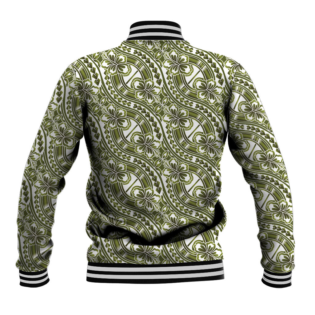 Hibiscus Bloom Island Tribal Waves Baseball Jacket Olive Green Polynesian Pattern LT01 - Polynesian Pride