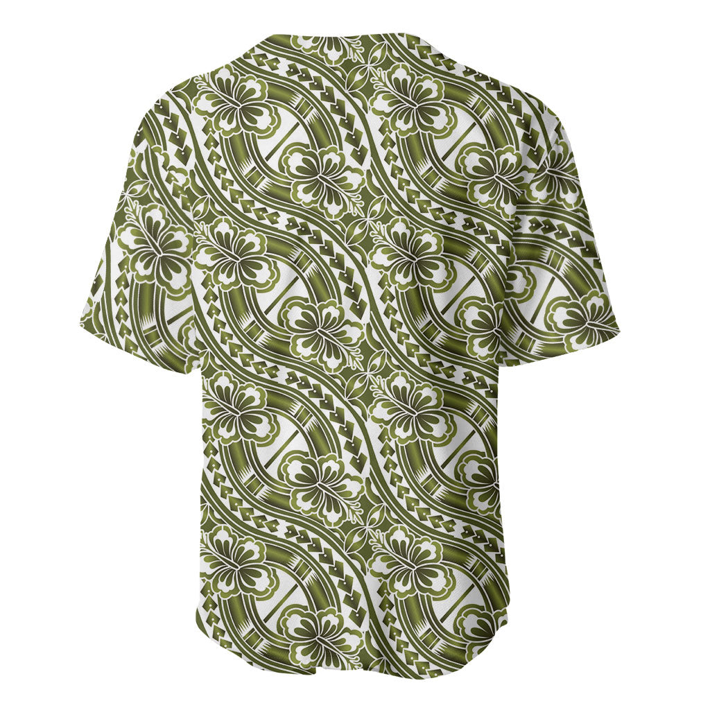 Hibiscus Bloom Island Tribal Waves Baseball Jersey Olive Green Polynesian Pattern LT01 - Polynesian Pride