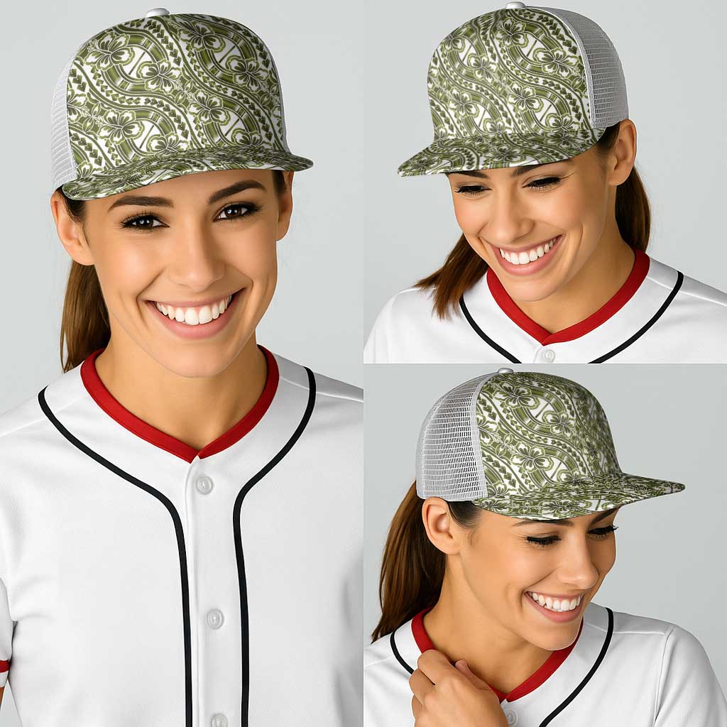 Hibiscus Bloom Island Tribal Waves Baseball Net Cap Olive Green Polynesian Pattern LT01 - Polynesian Pride