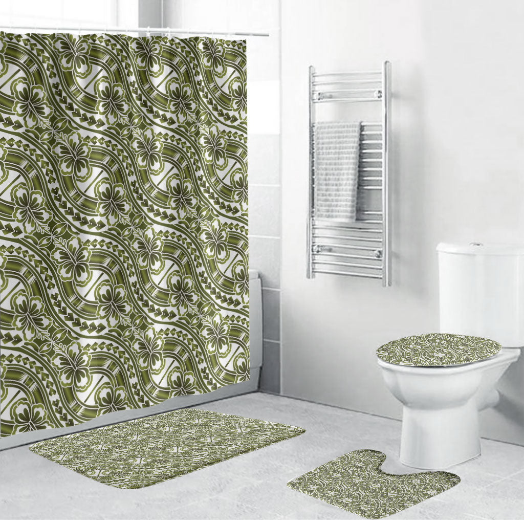 Hibiscus Bloom Island Tribal Waves Bathroom Set Olive Green Polynesian Pattern