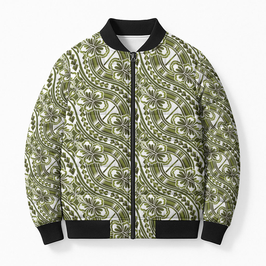 Hibiscus Bloom Island Tribal Waves Bomber Puffer Jacket Olive Green Polynesian Pattern