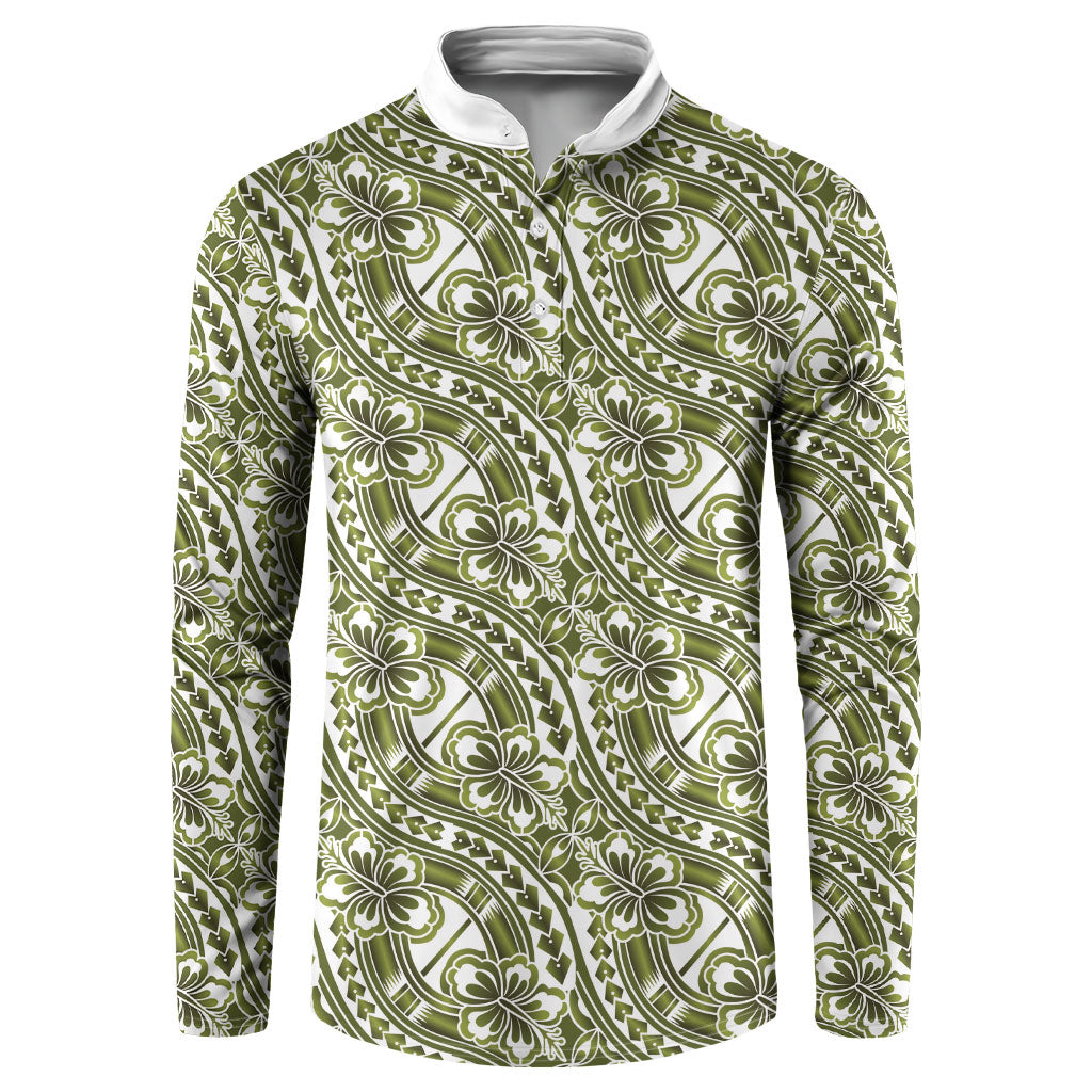 Hibiscus Bloom Island Tribal Waves Button Sweatshirt Olive Green Polynesian Pattern